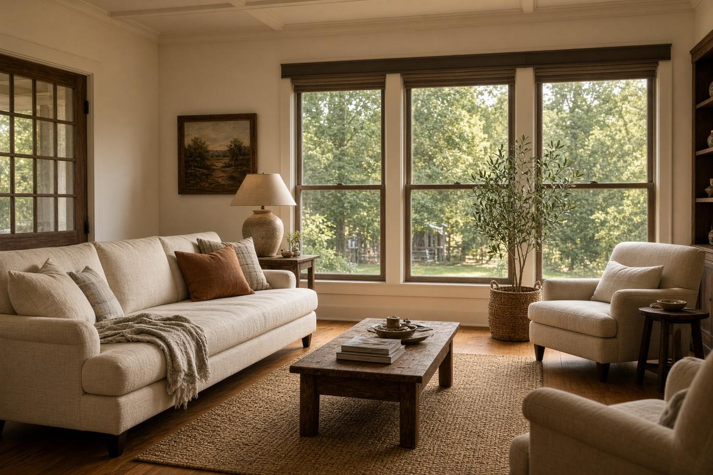 Living room with softened afternoon light through filmed windows