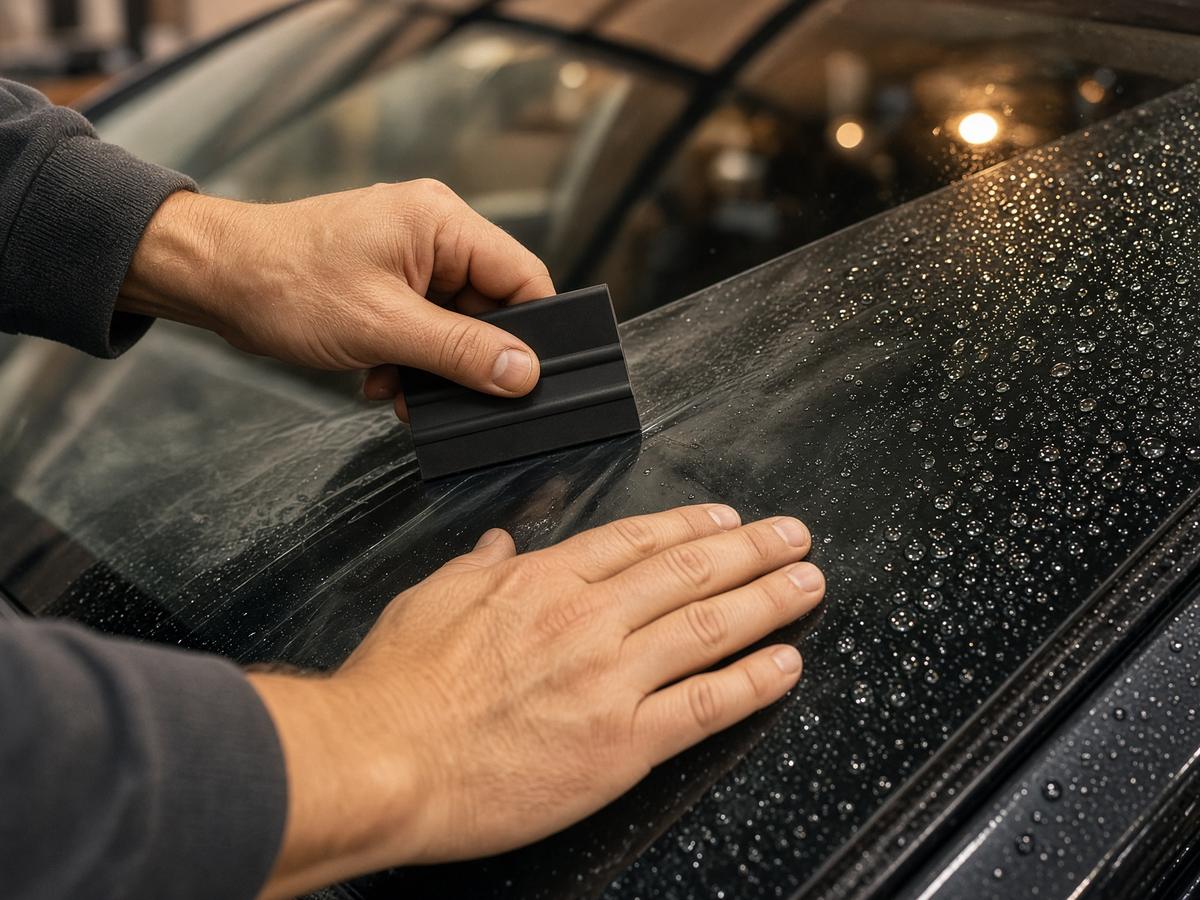 Hands squeegeeing film onto auto glass