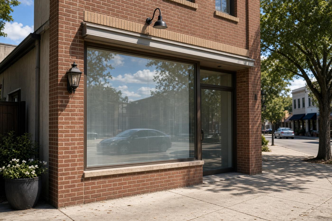 Sunny brick storefront with solar-control film on the glass